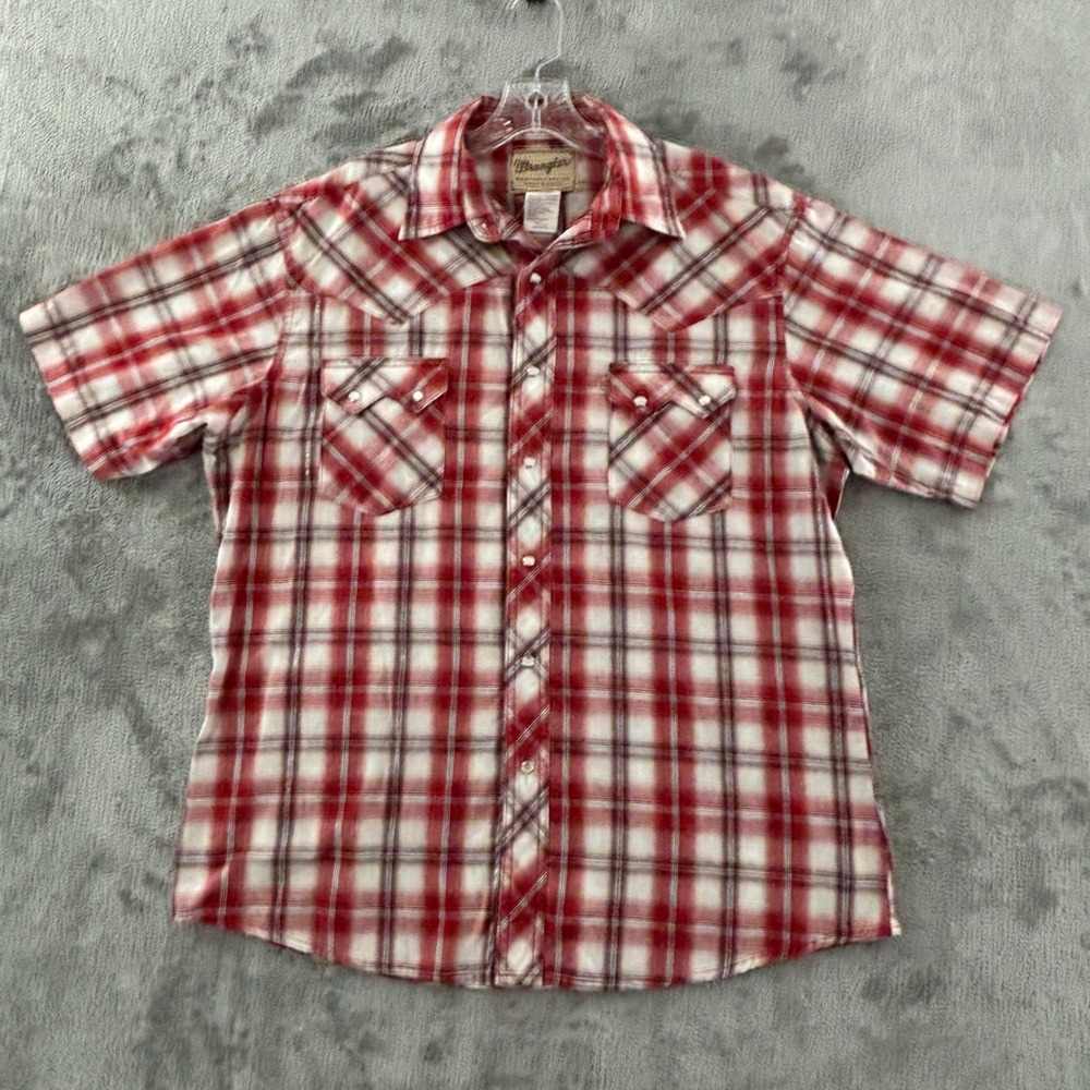 Wrangler Western Snap Shirt Short Sleeve Mens L Red Plaid Pockets Work‎ Cowboy